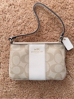 Coach Beige & White Signature Wristlet with Gold Logo